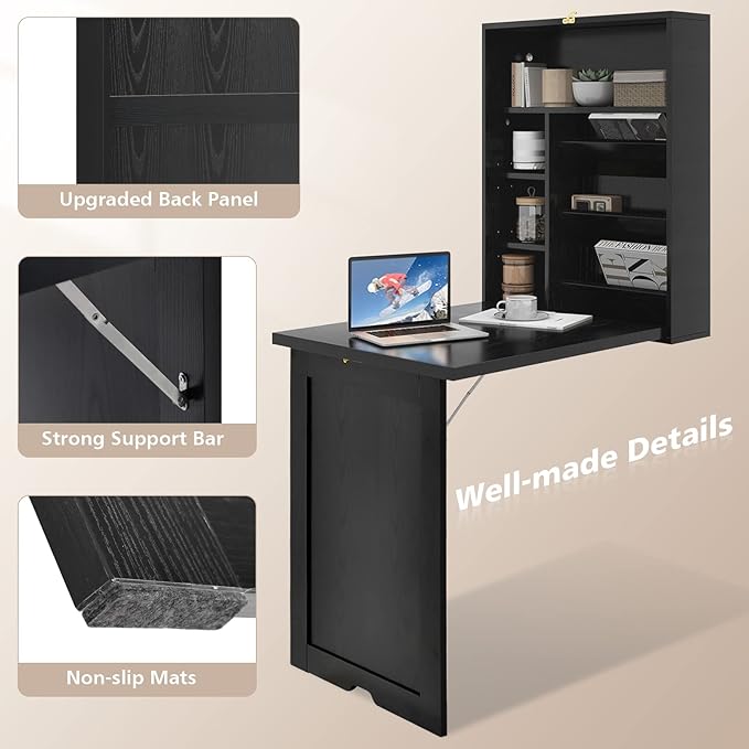 GOFLAME Wall Mounted Folding Desk with 3-Tier Tilt Storage Partition and Adjustable Shelves Space-Saving Convertible Writing Desk for Home Office Black