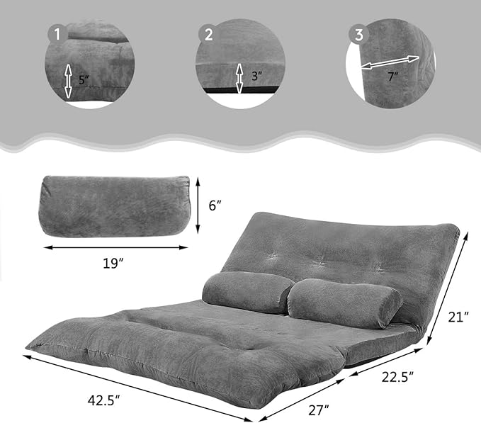Giantex Adjustable Floor Sofa Couch with 2 Pillows Multi-Functional 6-Position Foldable Lazy Sofa Sleeper Bed Multi-Functional Suede Floor Seating Sofa for Reading Gaming (Gray)