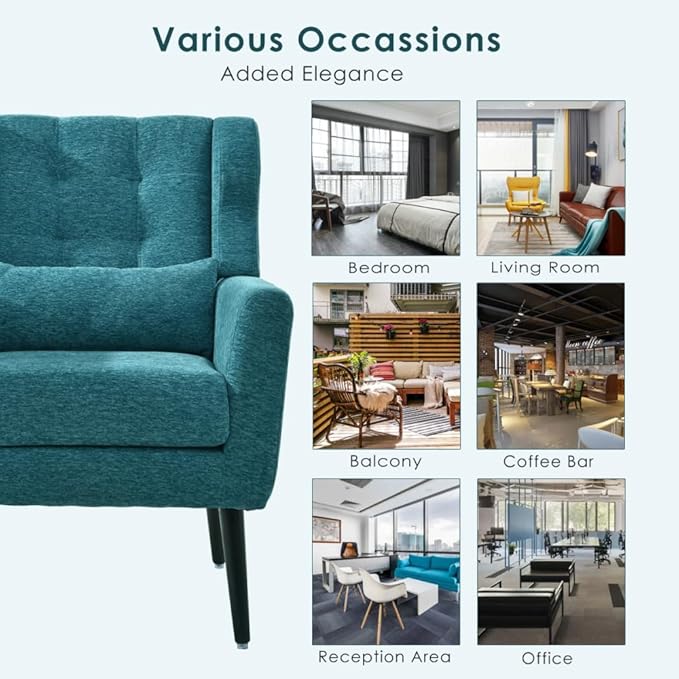 Modern Accent ChairChenille Arm Chairs for Living RoomUpholstered Mordern ArmchairComfy Soft Padded Lounge Chair in Small Space Bedroom w/Pillow Solid Wood Leg (Teal + Chenille)