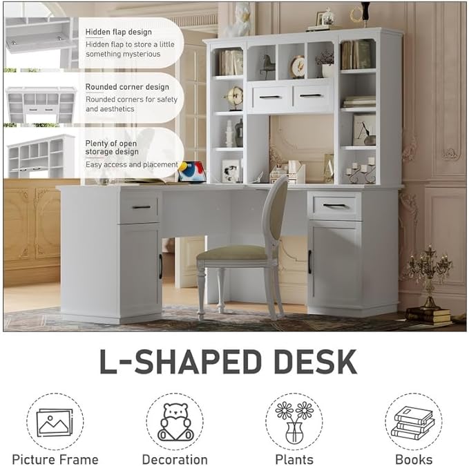 Polibi L-Shaped Computer Desk with Storage - 2-in-1 Design with 2 Drawers and 2 Cabinets 11 Open Shelves &amp Power Outlet for Home Office Study Room White