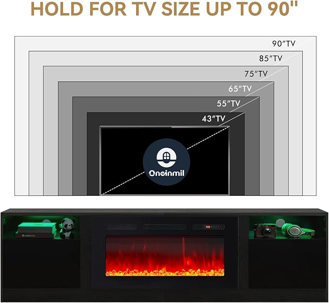 oneinmil 80” TV Stand with 36” Electric Fireplace Large Modern Media Entertainment Center with Storage Cabinet and 12 Colors LED Lights for TVs Up to 90 Black+Black