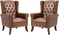 MOJAY Mid-Century Modern Living Room Chairs Set of 2 Upholstered Faux Leather Accent Chairs Club Arm Chair Single Sofa Chair with Solid Wooden Legs for Bedroom Study Home Office Lounges (Brown)