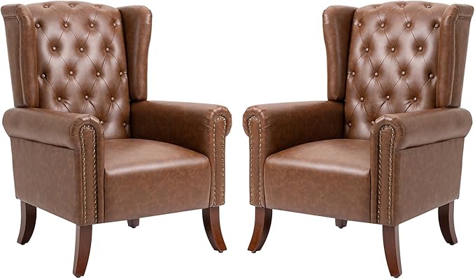 MOJAY Mid-Century Modern Living Room Chairs Set of 2 Upholstered Faux Leather Accent Chairs Club Arm Chair Single Sofa Chair with Solid Wooden Legs for Bedroom Study Home Office Lounges (Brown)