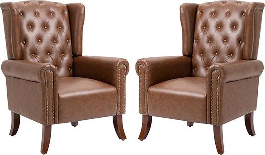 MOJAY Mid-Century Modern Living Room Chairs Set of 2 Upholstered Faux Leather Accent Chairs Club Arm Chair Single Sofa Chair with Solid Wooden Legs for Bedroom Study Home Office Lounges (Brown)