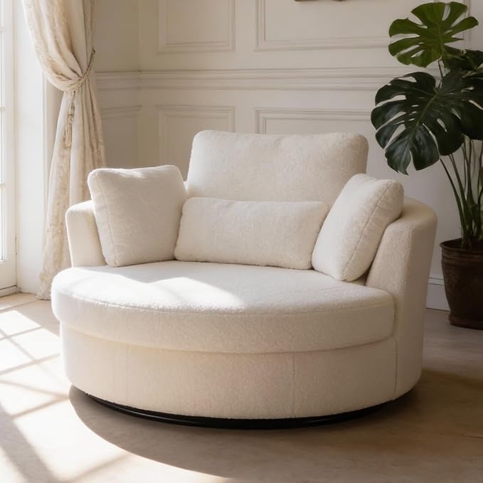 Aoiy &amp Wifon 50.2'' W Oversized Swivel Barrel Chair Ivory Swivel Accent Chair for Living Room Round Oversized Arm Chair with 4 Pillows Deep Seat &amp Extra Wide Sherpa