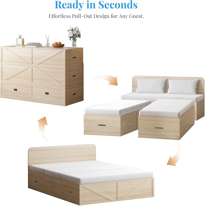 PUREMIND Murphy Bed Queen with Mattress Included Wood Cabinet Bed with Dual Storage Drawers &amp 2 Pillows 3-in-1 Convertible Sofa Beds for Small Space Guest Room Home Office Natural