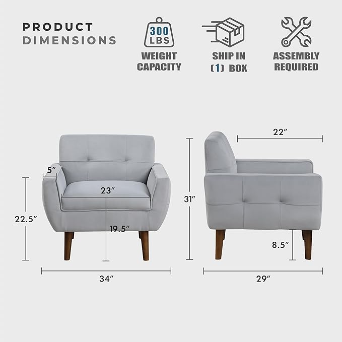 Lexicon Mid Century Modern Accent Chair with Dark Brown Solid Wood Leg Velvet Upholstered Living Room Chair Lounge Arm Chair Tufted Detail Single Sofa Chair Comfortable Reading Chair Gray