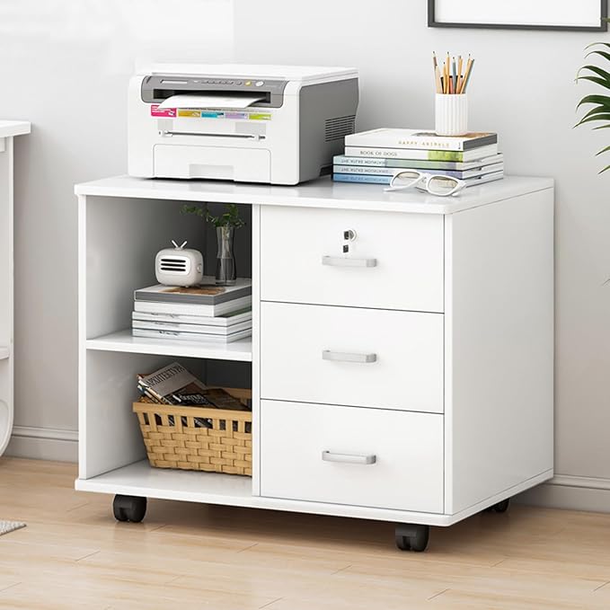 File Cabinet3 Drawers Mobile Lateral Filing Cabinet with LockPrinter Stand with Open Storage Shelves for Home Office