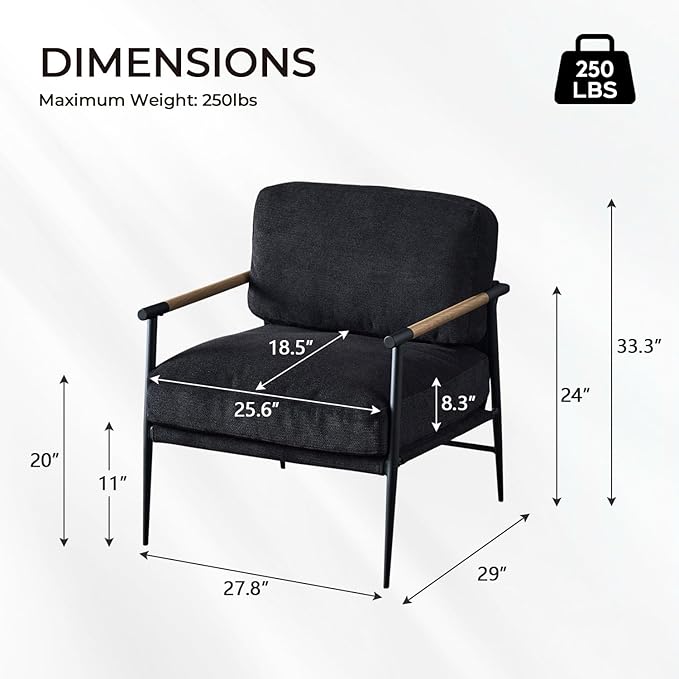 Accent Chair Set of 2Mid Century Modern Armchair for Living RoomBedroomOfficeLounge Comfy Chenille Upholstered Soft Removable Washable Cushions and PillowsMetal Wood-Grain Armrest Legs2PCSBlack
