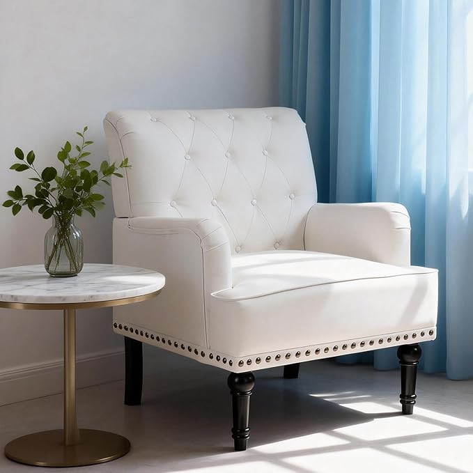 MOJAY PU Leather Accent Chair Mid-Century Armchair Living Room Sofa Chair with Rubber Wood Leg Club Chair with Rivet Trim for Bedroom Reading Room Reception (White)