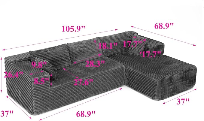 FUFU&ampGAGA 105.9” Modular Sectional Sofa with Chaise L-Shape Corduroy Cloud Couch with Pillows Modern Boneless Sofa for Living Room Apartment No Assembly Required Grey 105.9”W x 68.9”D x 26.4”