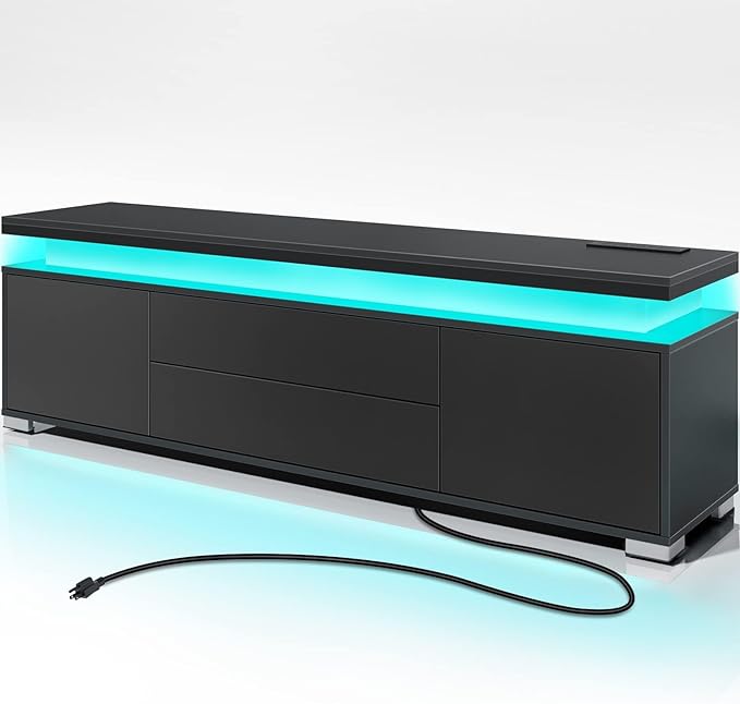 Rolanstar TV Stand with Power Outlet &amp LED Lights Modern Entertainment Center for 32/43/50/55/65 Inchs TVs TV Table Universal Gaming LED TV Media Stand with Large Storage Cabinet Black