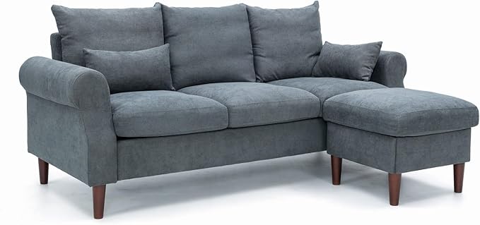 Panana Sectional Sofa Modern Deep 3-Seat Sofa Couch with Ottoman Upholstered Furniture for Living Room Apartment Studio Office (Grey Linen Rolled Arms)