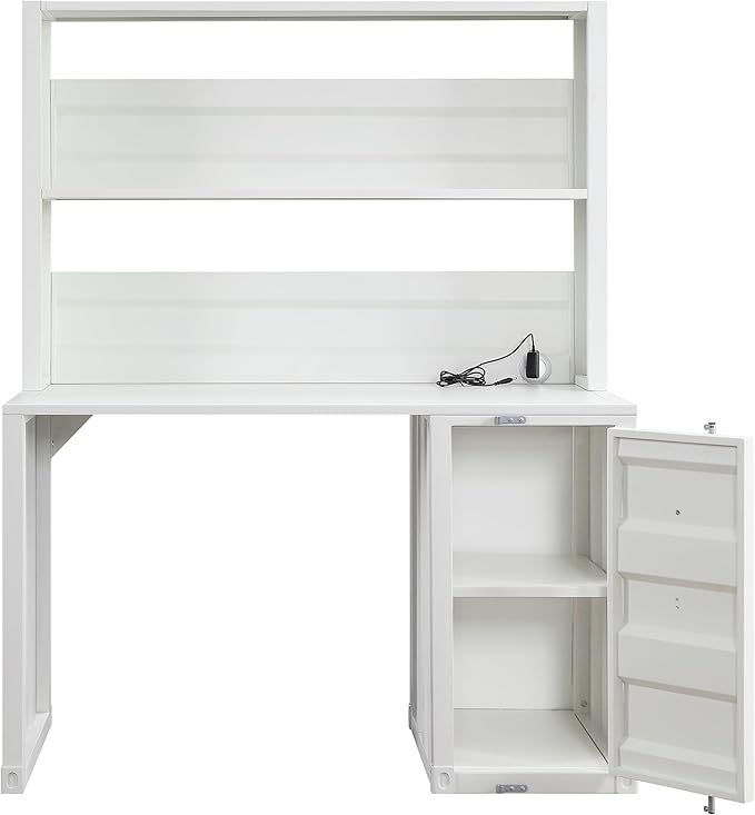 White 1-Door Writing Desk with Hutch for Home Office | Storage Desk with Open Compartment and Adjustable Shelf