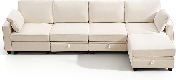TUNYI 130 Sectional Couch with Storage Oversized Chenille Modular Sectional Sofa for Living Room Convertible Deep Seat Sofa Couches with Ottoman Armrest Pillow (Beige)