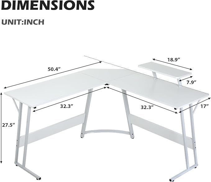 L Shaped Gaming Desk Modern Computer Desk Home Office Desks with Large Monitor Riser Stand Sturdy PC Desk for Bedroom Minimalist White 50Inch