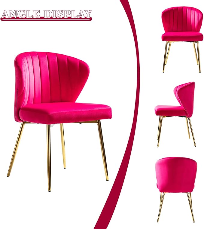 HULALA HOME Velvet Dining Chair Cute Armless Accent Chair Living Room Chair with Golden Legs Mid Century Modern Upholstered Side Chair for Kitchen Vanity Fuchsia
