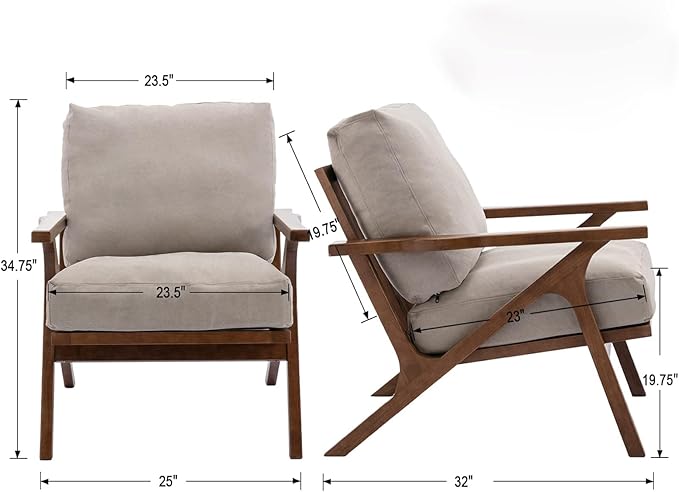 HNY Set of 2 Mid Century Accent Chair Faux Leather Upholstered Armchair with Wood Frame and Canvas Cushions Leisure Reading Chair Slipper Chair for Living Room Bedroom Beige