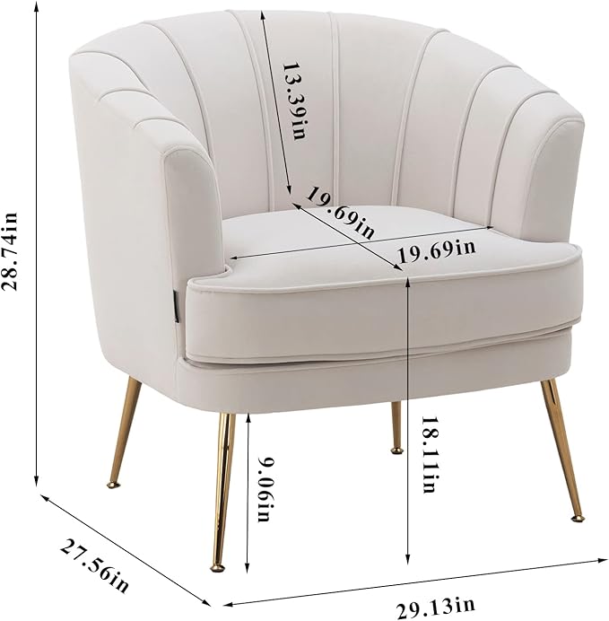 Artechworks Modern Velvet Barrel Chair Accent Armchair with Golden Legs for Living Room Bedroom Home Office Channel Tufted Back Club Chair Beige White Cream