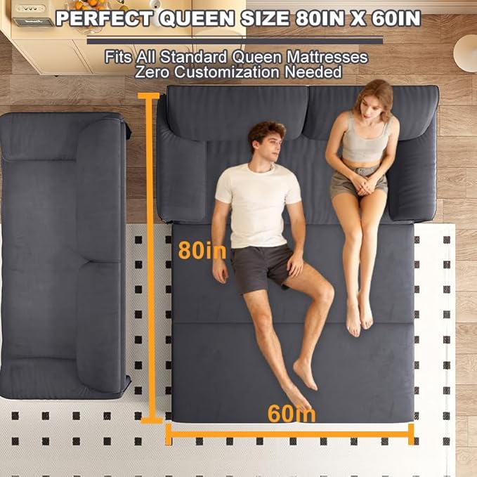 66 Futon Sofa Bed Queen Size Pull Out Bed 3-in-1 Convertible Sleeper Sofa with Side Pocket Modern Velvet Futon Couch for Living Room Small Space Apartment Bedroom Grey