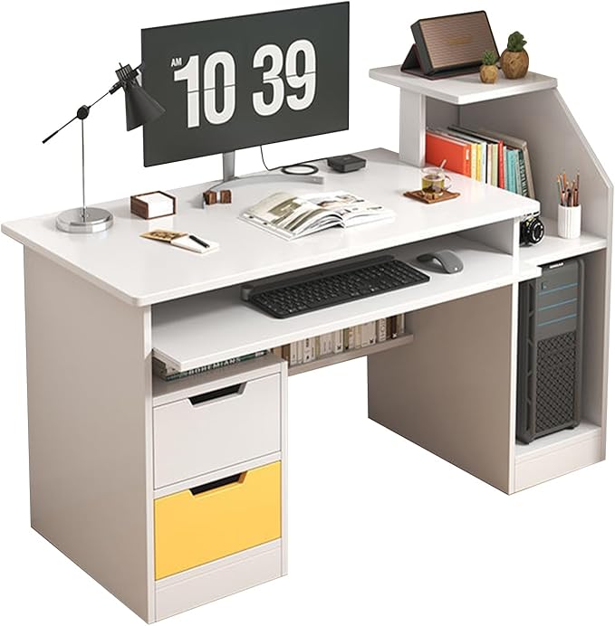 Computer Desk with 3 Hutch Shelves Room Desk for Bedroom Study Table with Keyboard Tray and 2 Drawers Desk for Bedroom Daily Home Office Desks Gaming Desk with Wide Desktop White