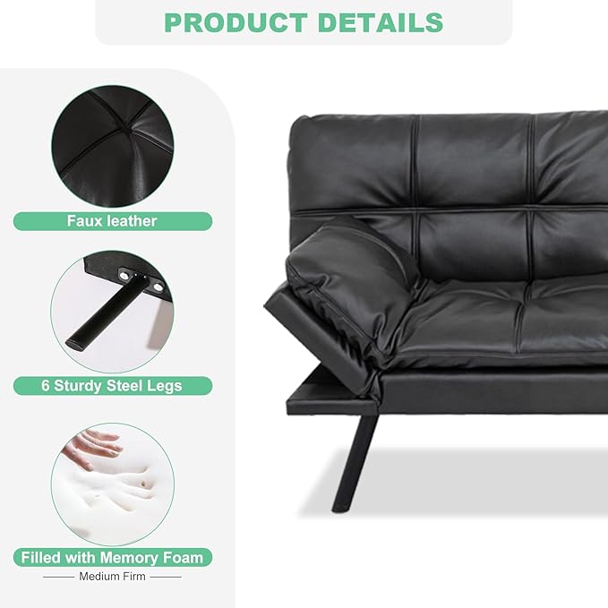 MUUEGM Futon Couch with 71 Adjustable High Density Memory Foam Futon Sofa Bed Modern Design Sofa Bed for Living Room Sleeping and Relaxing(Leather Matte Black)