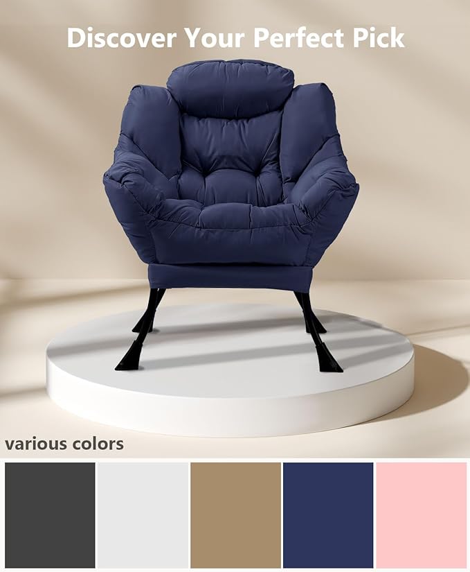 Living Room Chair with Ottoman Modern Lounge Accent Chair with Armrests and a Side Pocket Leisure Upholstered Sofa Lazy Chair Reading Chair with Footrest for Small Space (Navy Blue)
