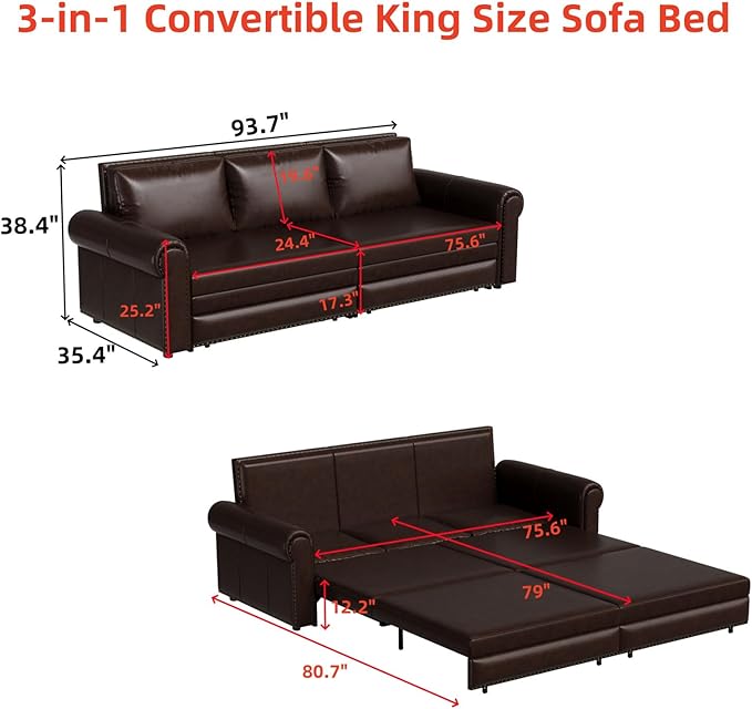 Faux Leather Sleeper Sofa Couch with Pullout Bed 93.7 King Size Sleeper Sofa Bed 3 in 1 Convertible Sofa Bed with Nailhead Trim &amp Rolled Arm for Living Room Office