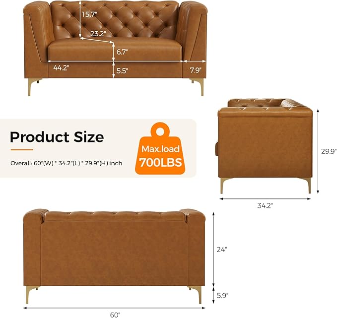 60 Mid-Century Modern Sofa CouchFaux Leather 2 Seater Sofa and Comfortable CushionsComfy Deep Seats Sofa Modern Couch for Living RoomOffice Apartment Small SpaceTool-Free AssemblyBrown