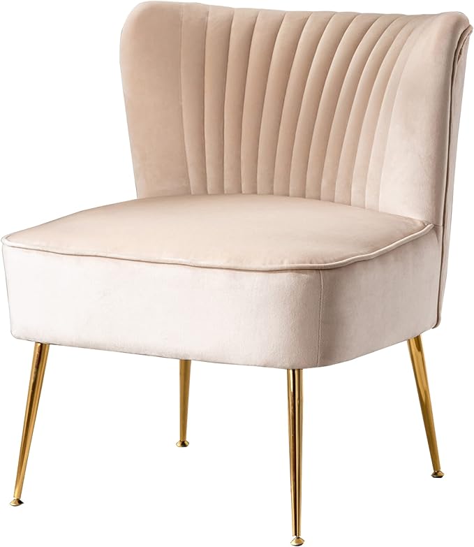 WO Home Furniture 25 Wide Tufted Velvet Accent Chair with Rust Resistant Golden Metal Legs Premium Quality Rust Resistant Seat for Your Den Living Room Bedroom Inside Area (Tan)