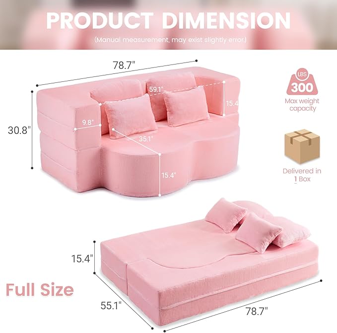 78” Convertible Folding Sofa Bed Full Size Sleeper Loveseat Chenille Full Foam Floor Couch for Living Room Bedroom No Assembly Required (Pink)