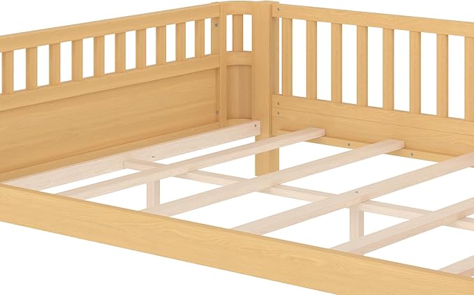 Bellemave Full Size Montessori Bed with Fence and Slats Full Size Low Platform Bed Frame with Detachable Side Bed Rails and Rounded Corner Design Easy Assemble Montessori Bed Natural