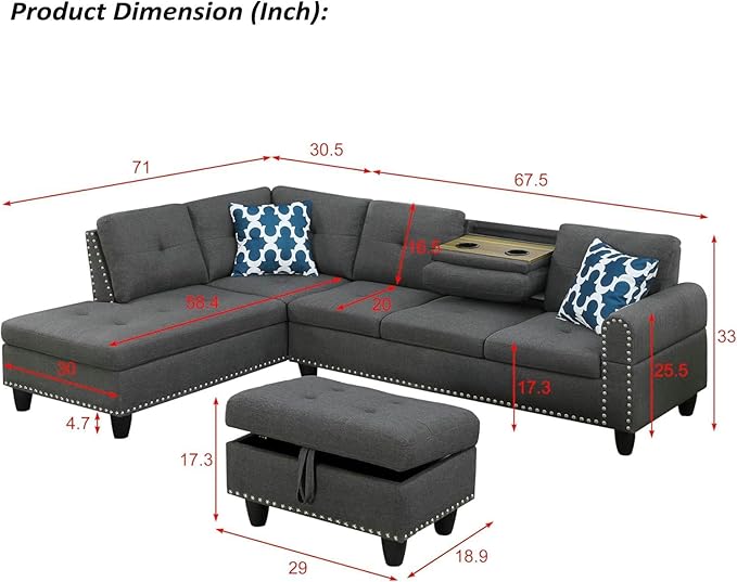 98 L-Shaped Sectional Couch with Storage Ottoman and Left Facing ChaiseLinen Upholstered Sofa with 2 Cup Holders and 2 Throw Pillows for Living RoomDark Grey