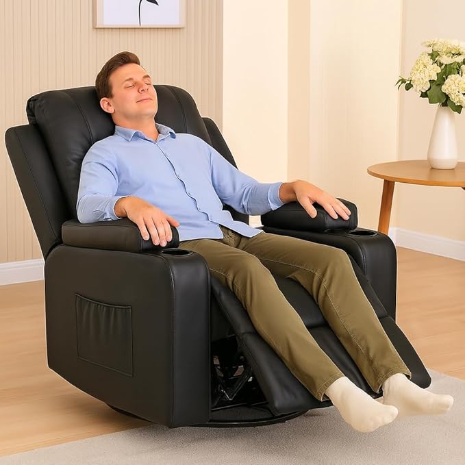 COMHOMA Recliner ChairPU Rocking Chair for AdultsSwivel Recliner with Cup HoldersSingle Sofa Seat with Side Pockets for Living RoomBedroom(Black)