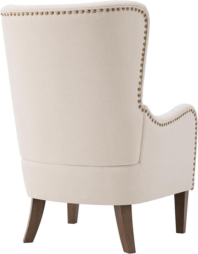 Mid-Century Modern Wingback Club Chair Fabric Living Room High-Back Accent Chair Classic Armchair for Apartment Office Studio Beige