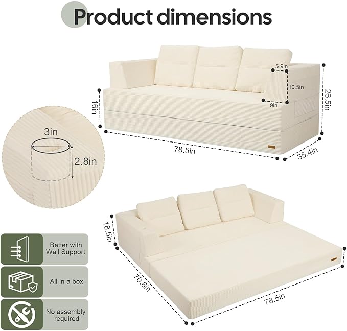 COMAX Futon Sofa Bed Queen 79 Convertible Sofa Bed Couches for Living Room 4 in 1 Folding Boneless Sleeper Corduroy Couch Loveseat Foam In a Box Comfy Foldable Lounge Fold Out Floor Mattress Beige