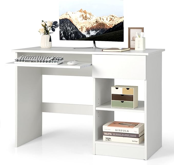 Computer Desk with Keyboard Tray and Drawer Home Office Desk with Adjustable Shelves &amp Cable Hole Modern Vanity Table for Bedroom Teens Gaming Desk Writing Study Workstation (White)