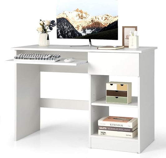 Computer Desk with Keyboard Tray and Drawer Home Office Desk with Adjustable Shelves &amp Cable Hole Modern Vanity Table for Bedroom Teens Gaming Desk Writing Study Workstation (White)