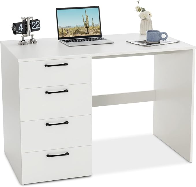 Tangkula White Desk with 4 Storage Drawers Home Office Writing Desk Modern Executive Desk Laptop PC Desk Vanity Makeup Table Computer Workstation for Bedroom Study Room Office