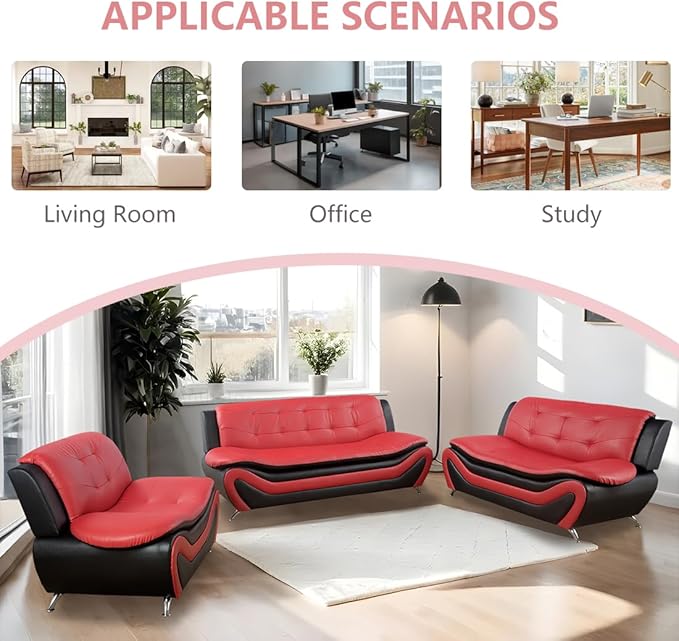 Leather Lovesat Sofa Couch Loveseat Sofa for Living Room Furniture Set 2 Seater Sofa with Metal Legs for Living Room/Bedroom/Office Black &amp Red