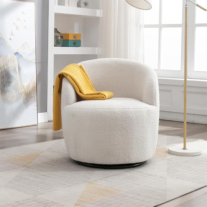 JINS&ampVICO Teddy Barrel Swivel Chair Modern Upholstered Single Sofa Chair with Wood Frame Comfy Accent Chair Club Chair Arm Chair Living Room Chair for Bedroom Reading Room Ivory