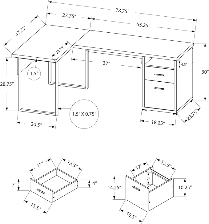 Monarch Specialties I 7255 Computer Desk Home Office Corner Left Right Set-up Storage Drawers 80L L Shape Work Laptop Metal Laminate Brown Grey