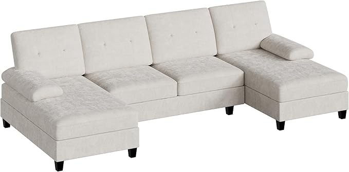 Shintenchi U-Shaped Sectional Couches for Living Room 4 Seat Sofa with Double Chaise LoungesSolid Wood Frame Sectional Sofa for ApartmentWhite