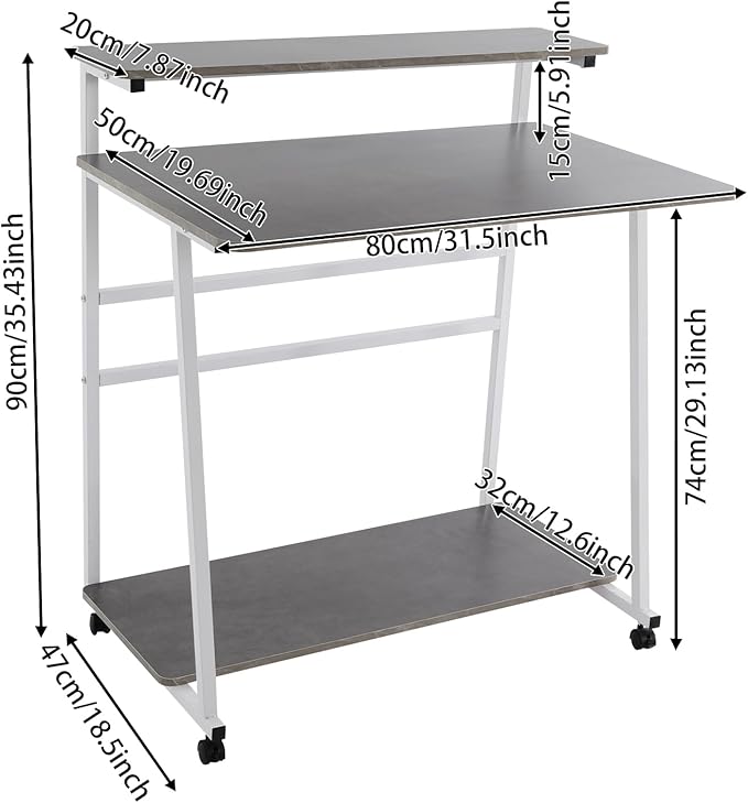 Home Office Desk3 Tier Rolling Computer Desk36inch Modern Home Desk Computer Desk Writing Table with Under Desk Storage Shelves for Home Office Study Bedroom (White+Grey)