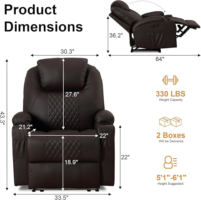 AHMED Power Recliner Chair with Vibration Massage &amp Heat for Adults Faux Leather Home Theater Seating with Cup Holders/LED Lights/USB Ports/Side Pockets for Living Room Brown