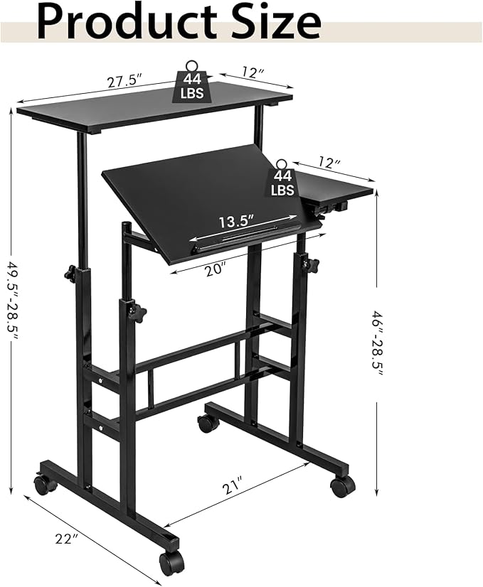 Tangkula Mobile Stand Up Desk Height Adjustable Home Office Desk with Standing &amp Seating 2 Modes Tilting Tabletop &amp Flexible Wheels Rolling Laptop Cart Sit Stand Desk (Black)