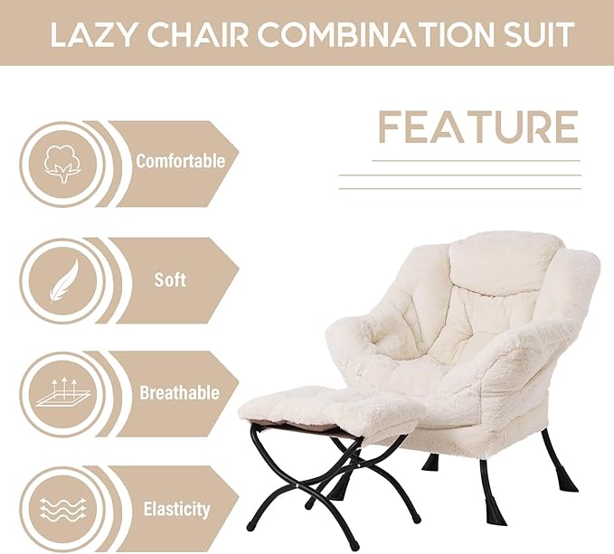 LITA Lazy Chair with Ottoman Modern Accent Leisure Upholstered Sofa Chair Lounge Reading Chair with Armrests and a Side Pocket for Living Room Bedroom &amp Small Space Plush Beige