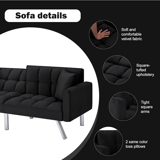 74 Futon Sofa BedConvertible Sleeper Couch with Adjustable Backrest and Pillows Comfy Velvet Cloud Sofa LoveseatModern Loveseat for Living Room and Bedroom（Black）