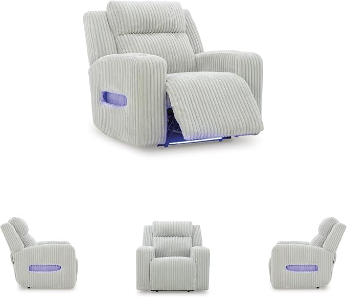 Signature Design by Ashley Broad Cove Casual LED Power Recliner with Adjustable Headrest Storage and USB Ports Light Gray