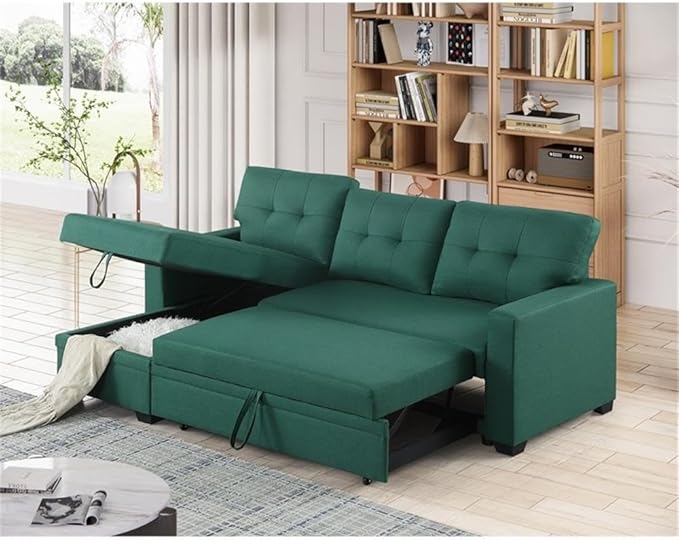Devion Furniture L-Shaped Polyester Fabric Reversible Easy Convertible Pull-Out Sleeper Sectional Sofa/Storage Chaise with Tufted Back Cushions and Track Arms in Green